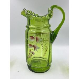 ANTIQUE EMERALD GREEN HAND-PAINTED BLOWN GLASS LEMONADE PITCHER & 4 GLASSES